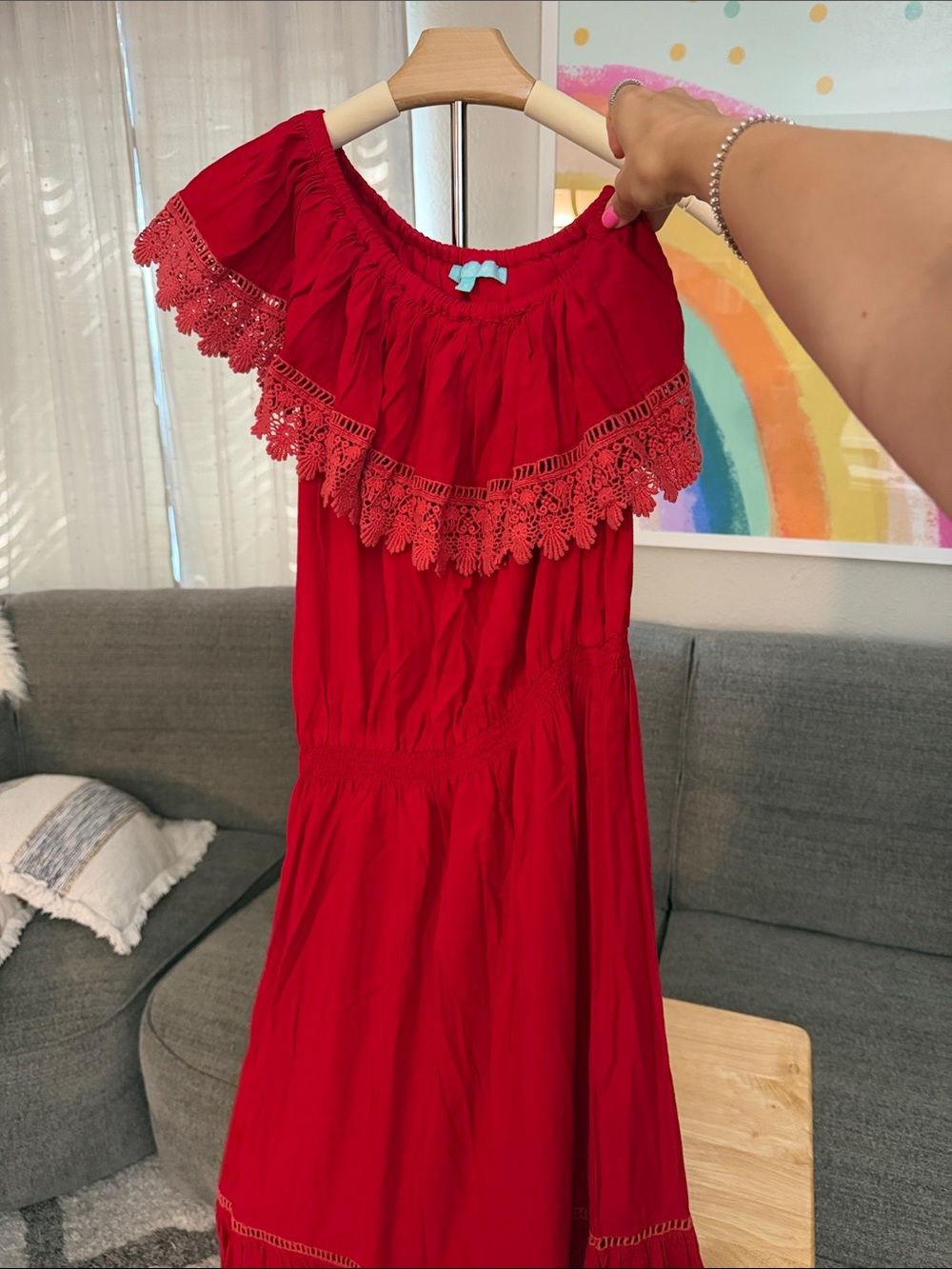 Melissa Odabash Red Off-Shoulder Crochet-Trim Maxi Dress